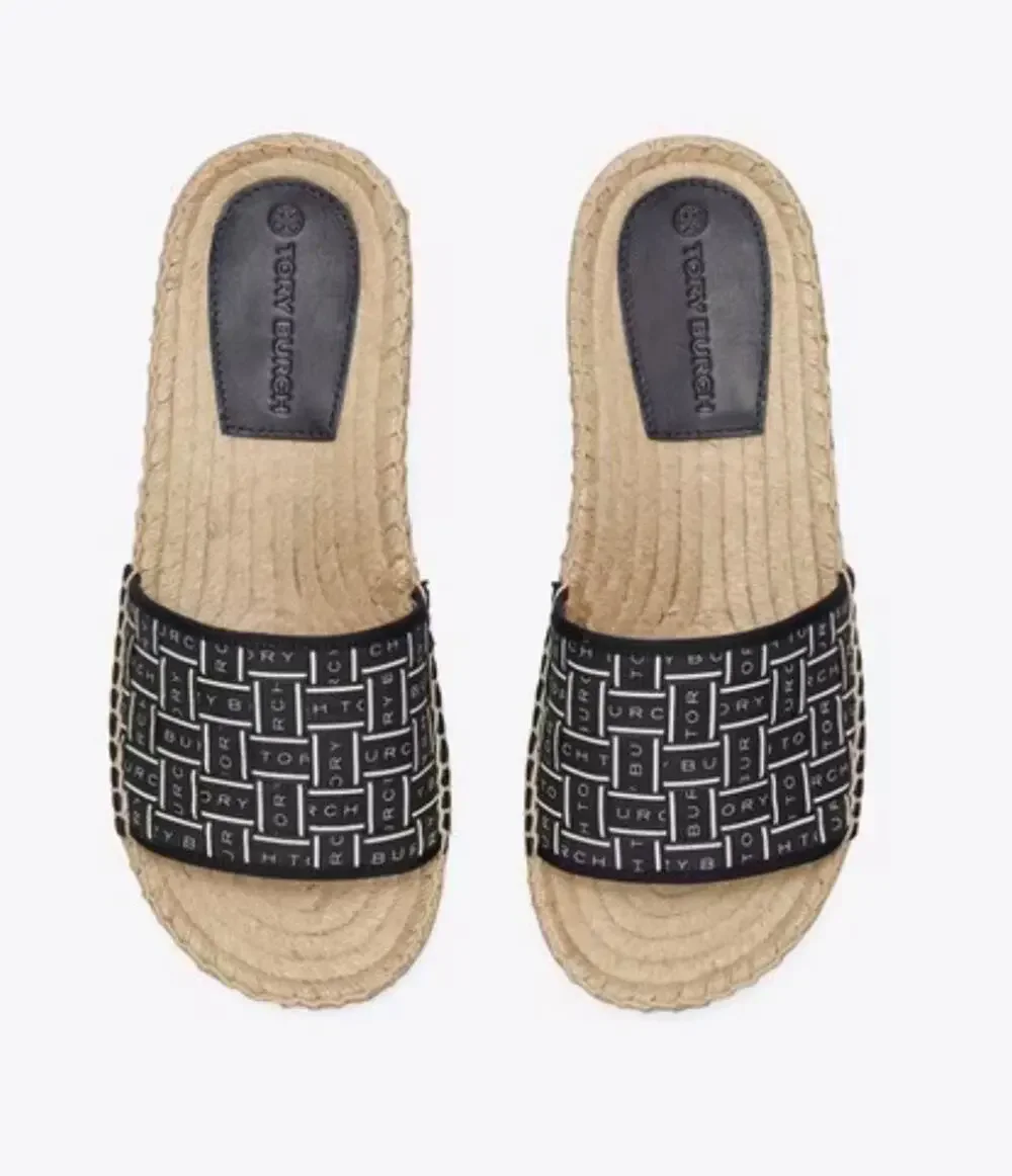 Tory Burch Logo Perfect Navy & White Ribbon Espadrille Herringbone New